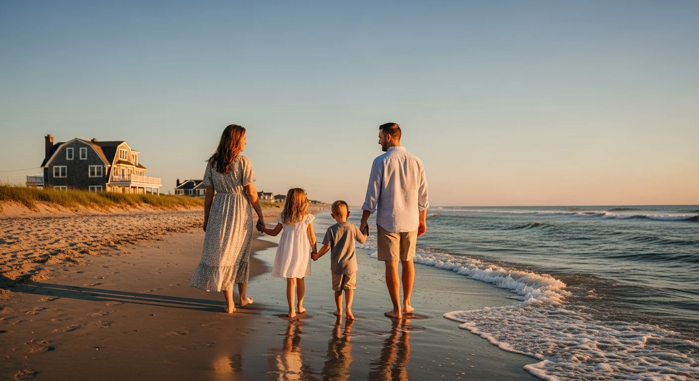 Family walking together by the shore near a beach house